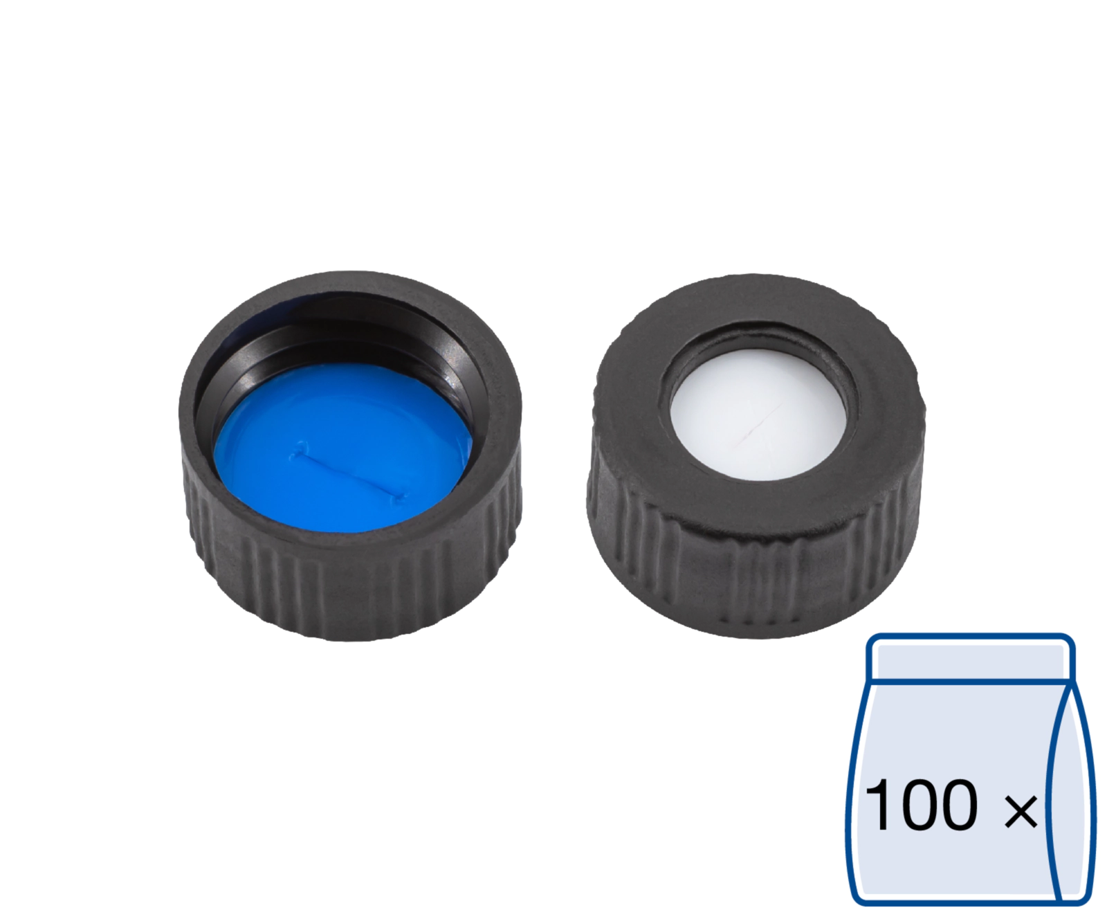 Screw closure, N 9, PP, black, center hole, Silicone white/PTFE blue, slit,1.0mm