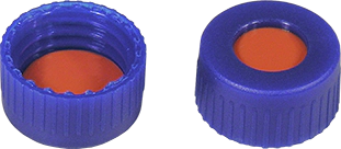 Screw closure (bonded), N 9, PP, blue, center hole, Red Rubber/TEF, 1.0 mm