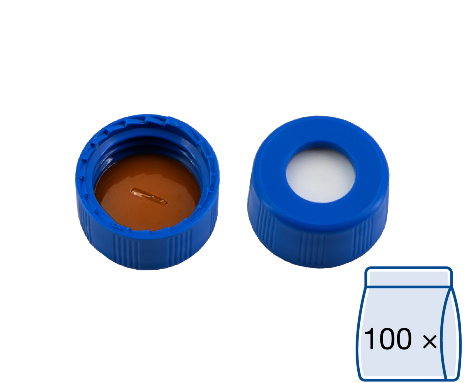 Screw closure,N 9,PP,blue,c. hole,Sili. w./Polyimide or,slit,1.0mm,fluorine-free