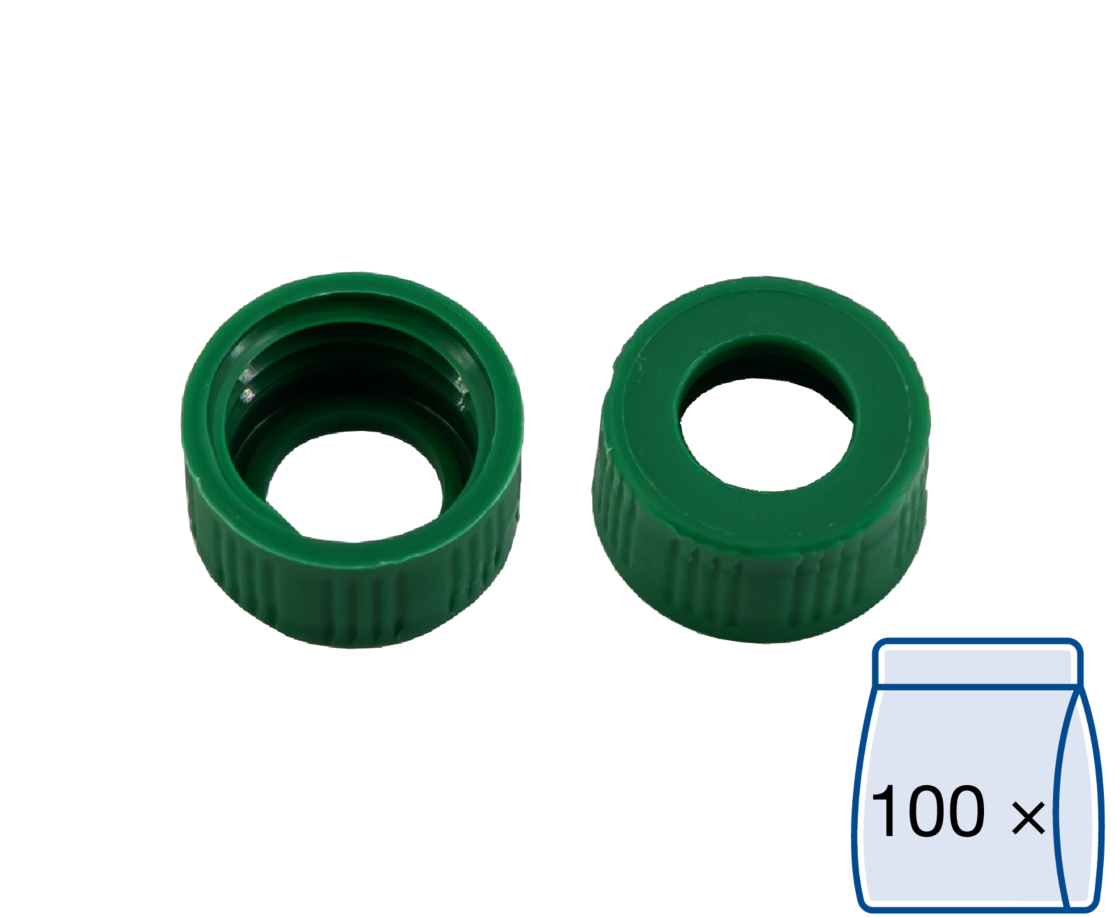 Screw closure, N 9, PP, green, center hole, no liner