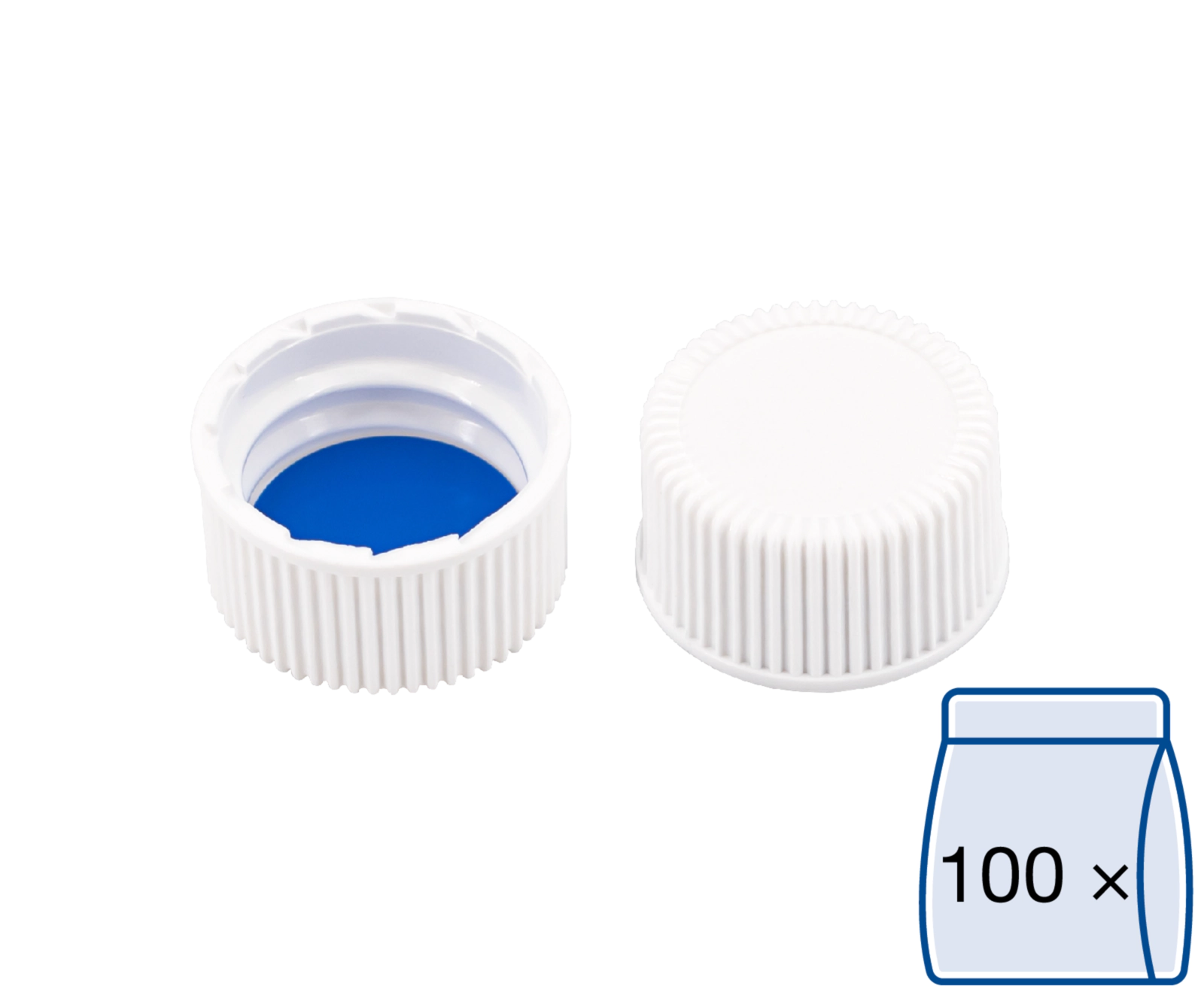 Screw closure (bonded), N 18, PP, white, closed top,Silicone w./PTFE blue, 1.3mm