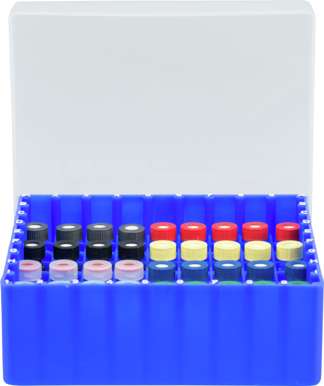 Vial container, max. diameter 12 mm, 81 pos., with lid and divider, stackable