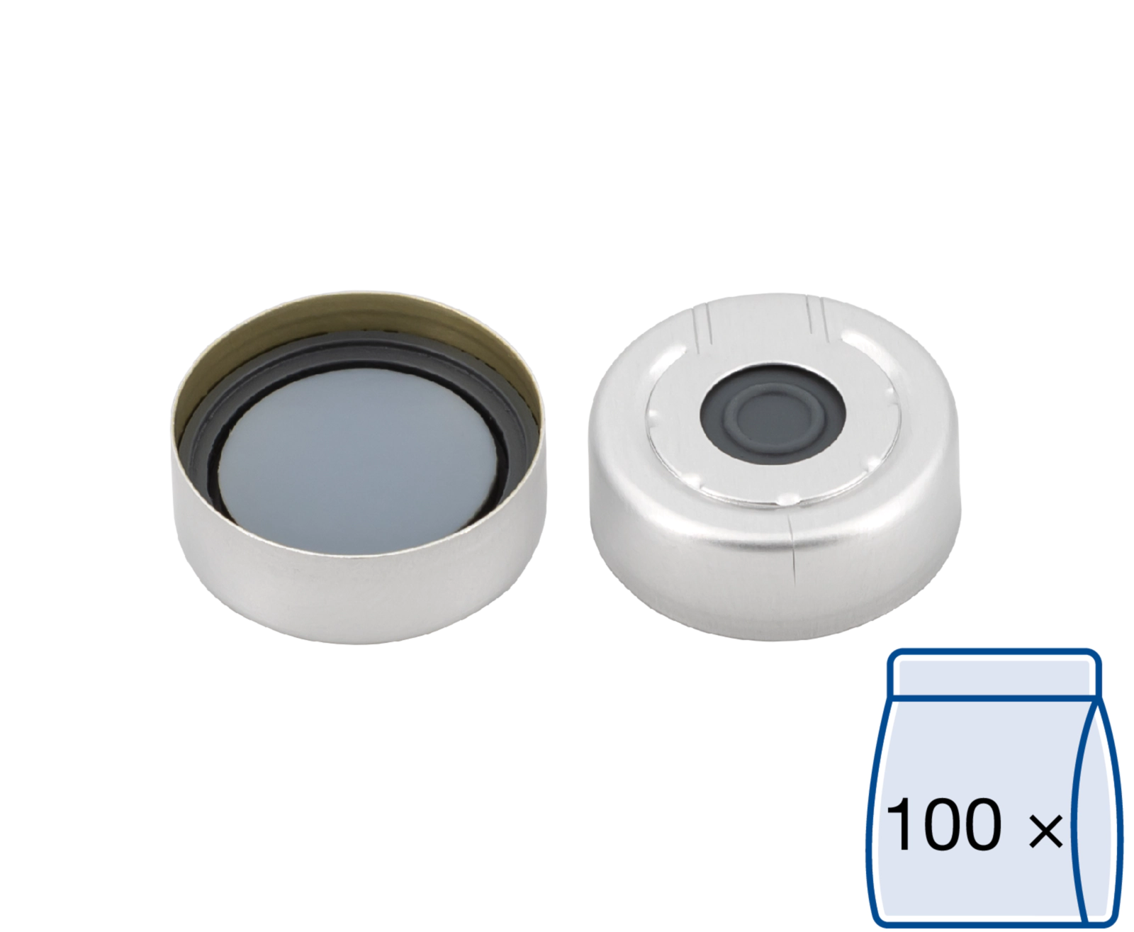 Crimp closure, N 20, alu.,pressure rel.,center hole,Butyl d.gray/PTFE gray,3.0mm