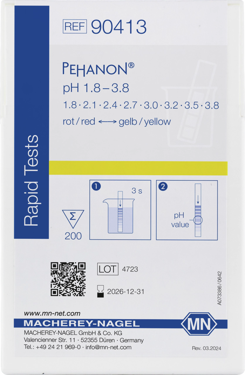 pH test strips, PEHANON 1.8–3.8, for colored samples