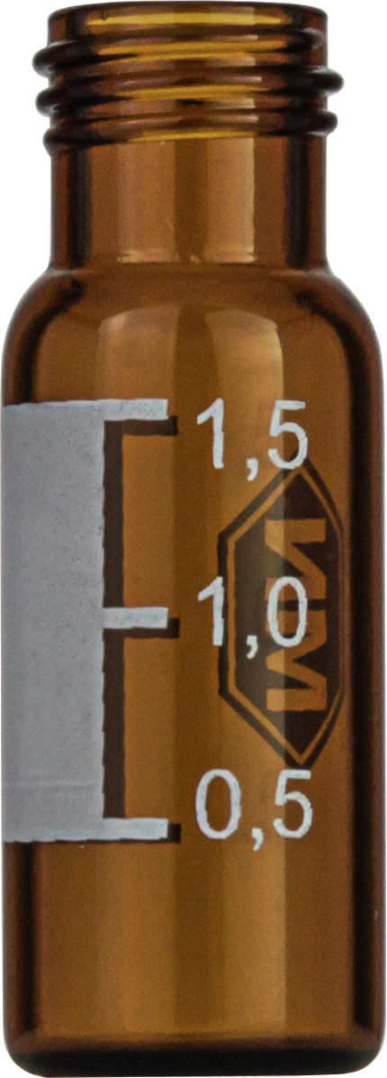 Screw neck vial, N 9, 11.6x32.0 mm, 1.5 mL, label, flat bottom, amber