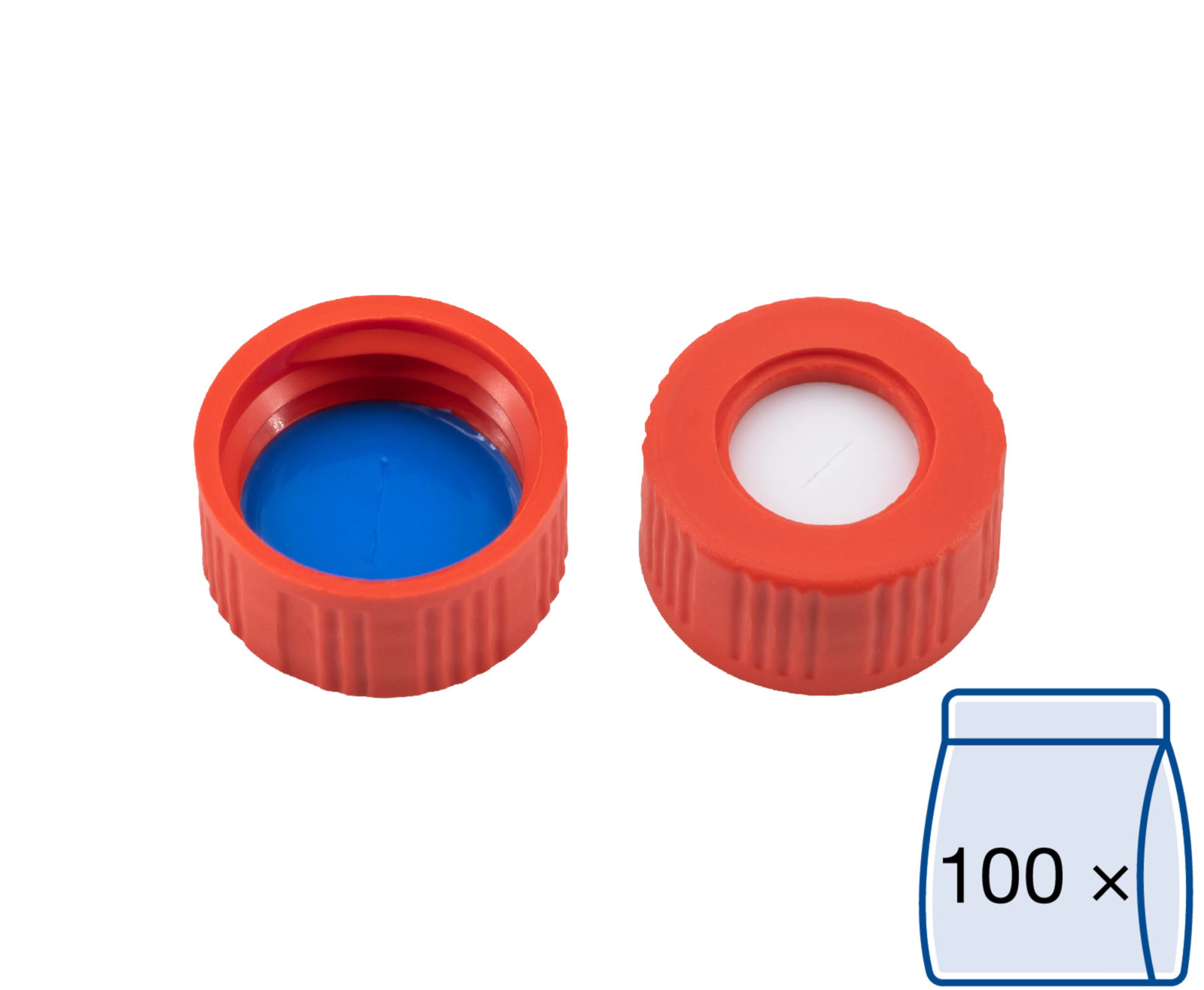 Screw closure, N 9, PP, red, center hole, Silicone white/PTFE blue, slit, 1.0mm
