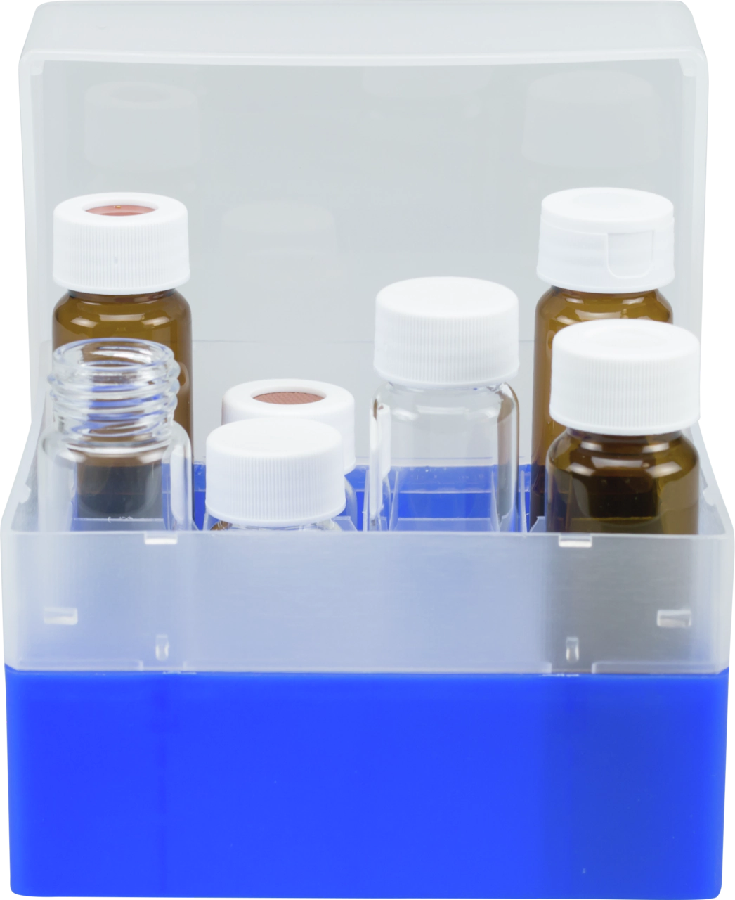 Vial container, max. diameter 27.5 mm, 16 pos. with lid and divider, stackable