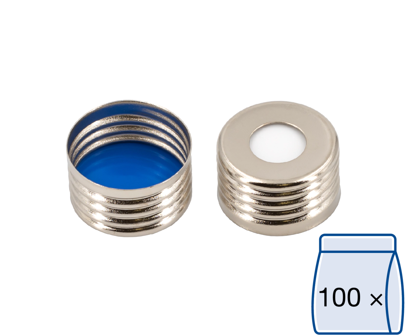 Screw closure, N 18, metal (magn.), sil., center hole, Silic. w./PTFE blue,1.5mm