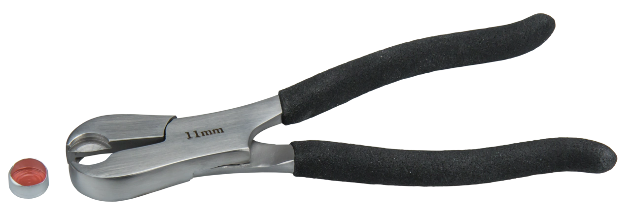 Decapping tool for 11 mm and 20 mm aluminum caps, manual, plier style, dual size