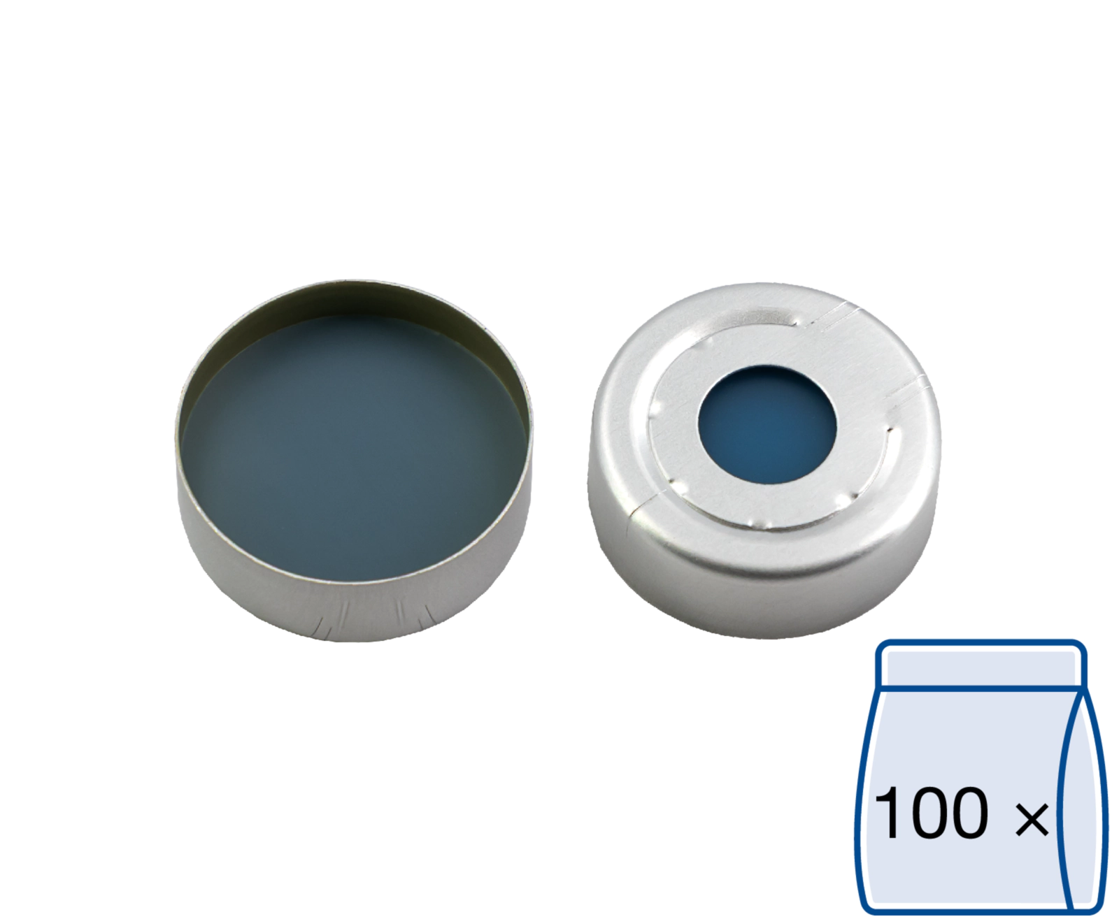 Crimp closure, N 20, alu.,pressure rel.,c. hole,Sil. blue tr./PTFE colorl.,3.0mm