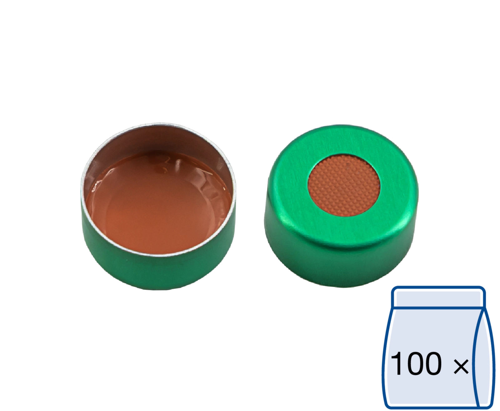 Crimp closure, N 11, alu.,green, center hole, Natural Rubber/ETFE, 1.0 mm
