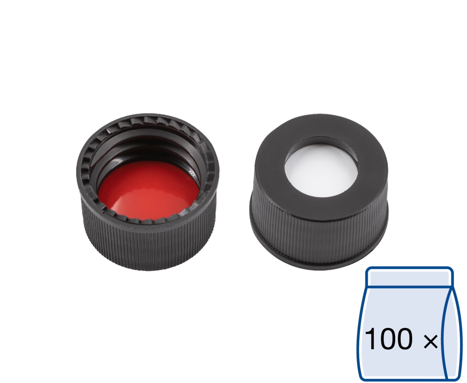 Screw closure, N 13, PP, black, center hole, Silicone white/PTFE red, 1.3 mm