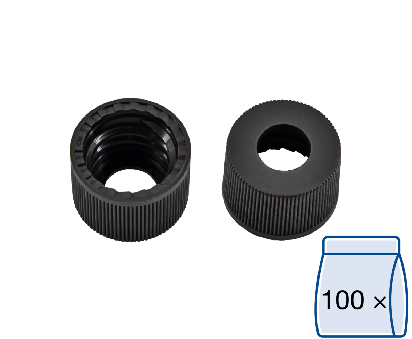 Screw closure, N 10, PP, black, center hole, no liner