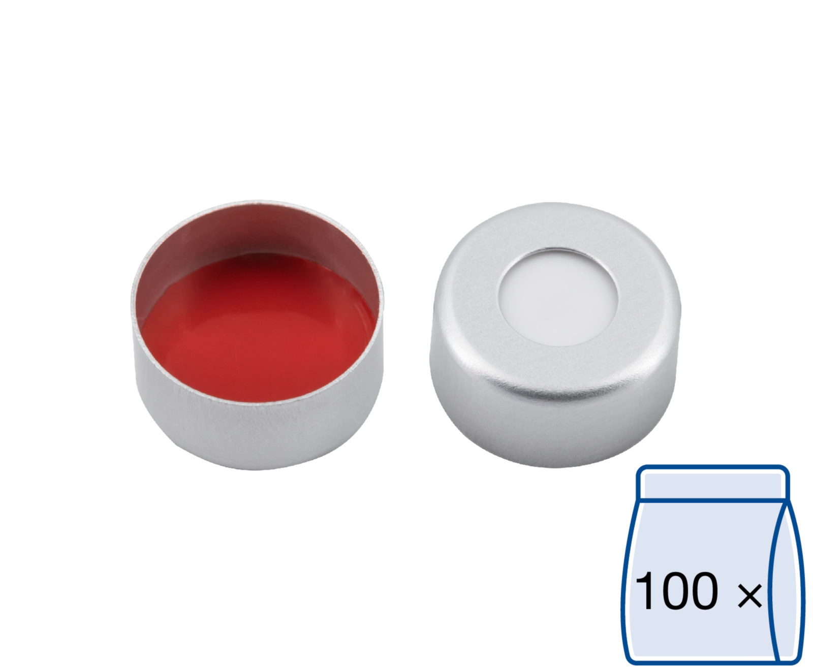 Crimp closure, N 11, alu., center hole, Silicone white/PTFE red, 1.3 mm