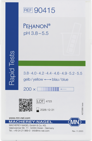 pH test strips, PEHANON 3.8–5.5, for colored samples