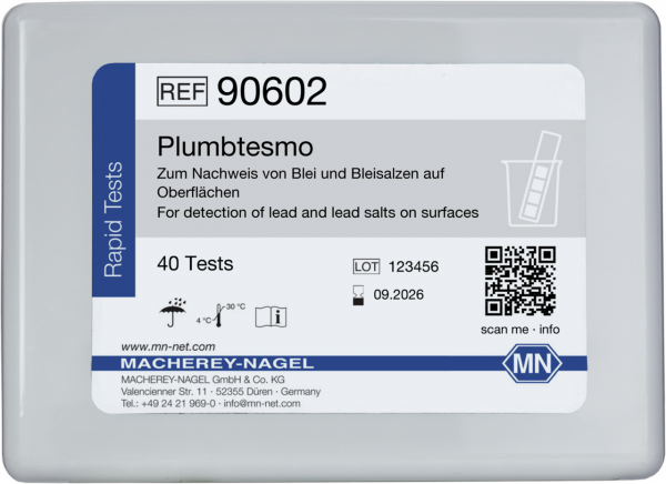 Qualitative test paper Plumbtesmo for Lead: 5 mg/L Pb²⁺