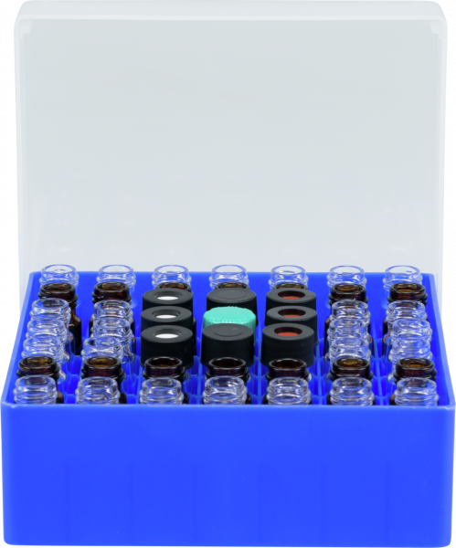 Vial container, max. diameter 15 mm, 49 pos. with lid and divider, stackable