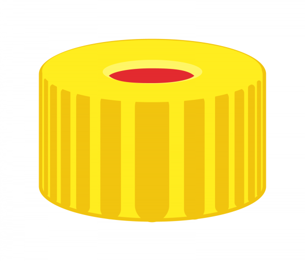 Screw closure, N 9, PP, yellow, center hole, Red Rubber/FEP colorless, 1.0 mm