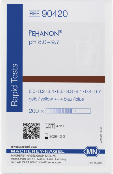 pH test strips, PEHANON 8.0–9.7, for colored samples