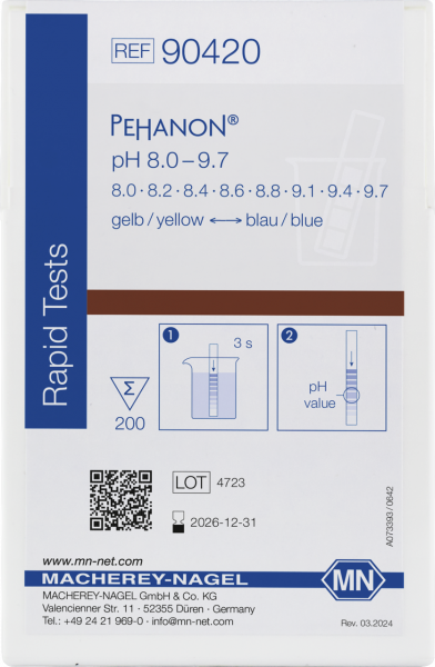 pH test strips, PEHANON 8.0–9.7, for colored samples