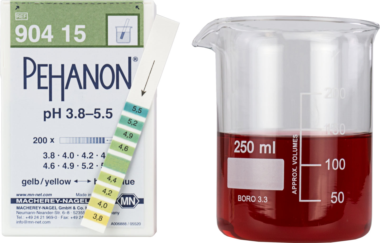 pH test strips, PEHANON 3.85.5, for colored samples, MN MACHEREYNAGEL