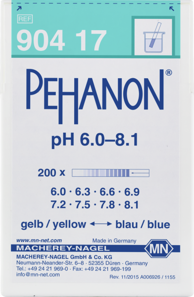 pH test strips, PEHANON 6.0–8.1, for colored samples