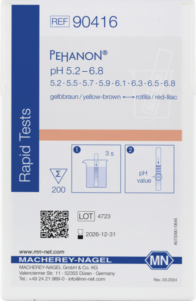 pH test strips, PEHANON 5.2–6.8, for colored samples