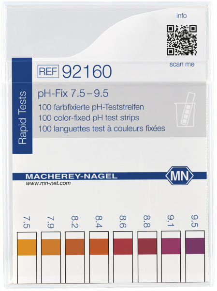pH test strips, pH‑Fix 7.5–9.5, fixed indicator