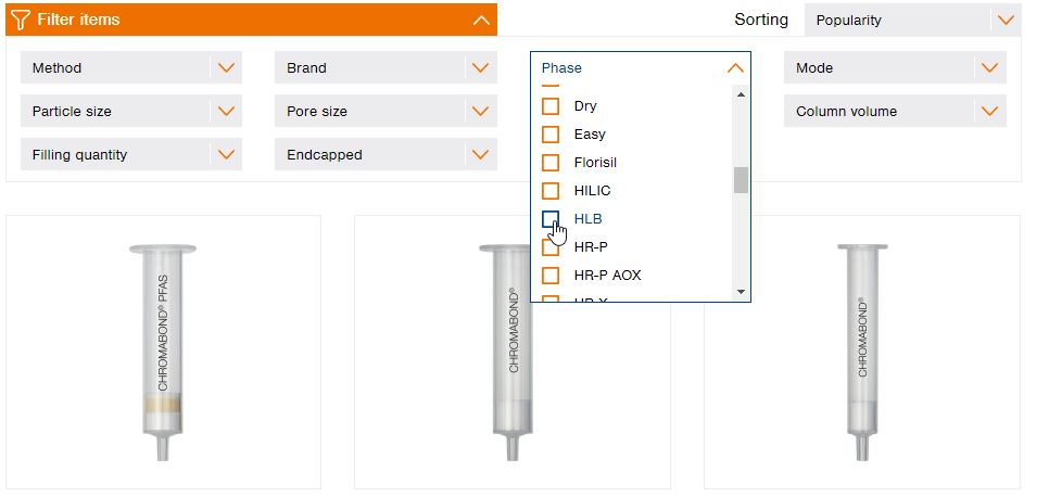 Filter selection: CHROMABOND SPE columns