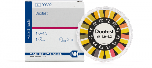 pH test paper Duotest pH 1.0–4.3, with two indicator zones