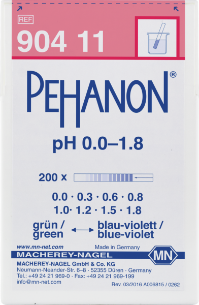 pH test strips, PEHANON 0.0–1.8, for colored samples