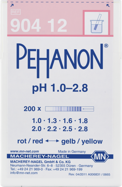 pH test strips, PEHANON 1.0–2.8, for colored samples