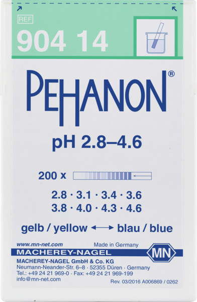 pH test strips, PEHANON 2.8–4.6, for colored samples