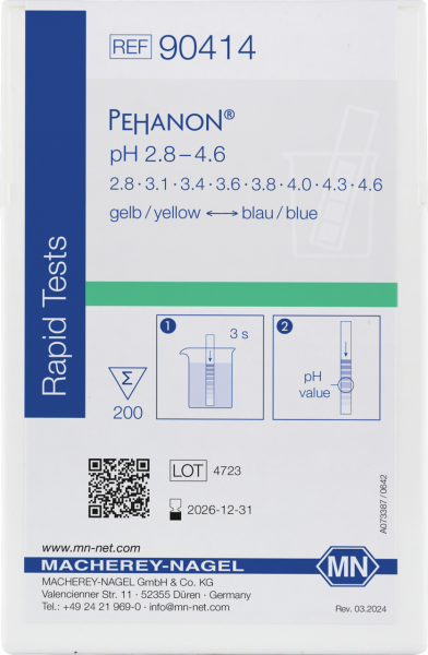 pH test strips, PEHANON 2.8–4.6, for colored samples