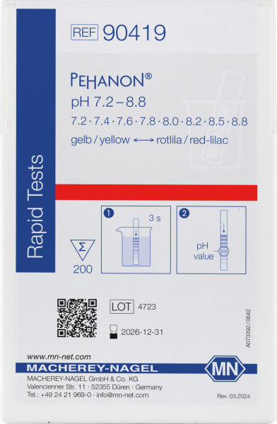 pH test strips, PEHANON 7.2–8.8, for colored samples