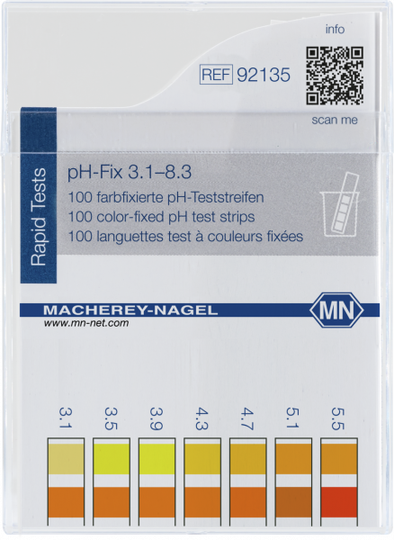 pH test strips, pH‑Fix 3.1–8.3, fixed indicator