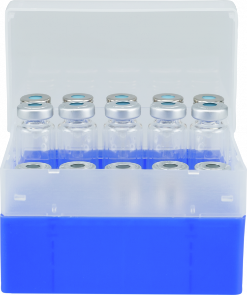 Vial container, max. diameter 23 mm, 25 pos. with lid and divider, stackable