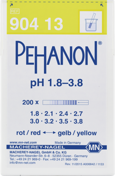 pH test strips, PEHANON 1.8–3.8, for colored samples