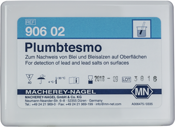 Qualitative test paper Plumbtesmo for Lead: 5 mg/L Pb²⁺