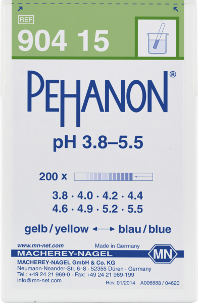 pH test strips, PEHANON 3.8–5.5, for colored samples