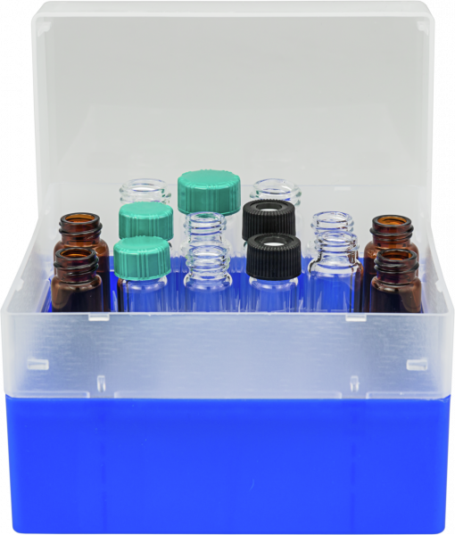 Vial container, max. diameter 18.5 mm, 36 pos. with lid and divider, stackable