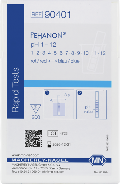 pH test strips, PEHANON 1–12, for colored samples