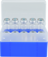 Vial container, max. diameter 23 mm, 25 pos. with lid and divider, stackable Vial container, max. diameter 23 mm, 25 pos. with lid and divider, stackable