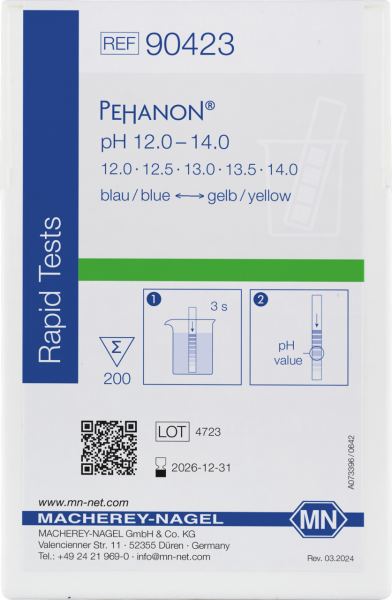 pH test strips, PEHANON 12.0–14.0, for colored samples