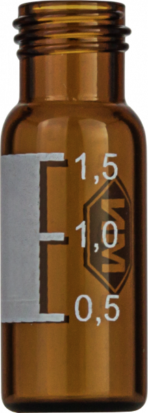 Screw neck vial, N 9, 11.6x32.0 mm, 1.5 mL, label, flat bottom, amber, silanized