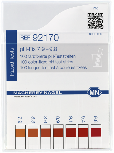 pH test strips, pH‑Fix 7.9–9.8, fixed indicator