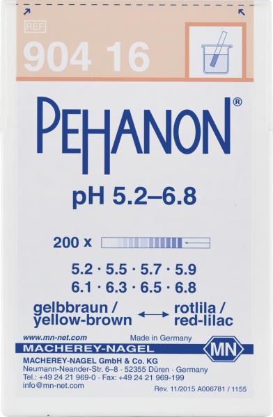 pH test strips, PEHANON 5.2–6.8, for colored samples
