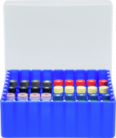 Vial container, max. diameter 12 mm, 81 pos., with lid and divider, stackable Vial container, max. diameter 12 mm, 81 pos., with lid and divider, stackable