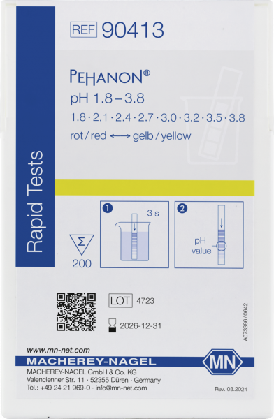 pH test strips, PEHANON 1.8–3.8, for colored samples