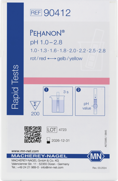 pH test strips, PEHANON 1.0–2.8, for colored samples